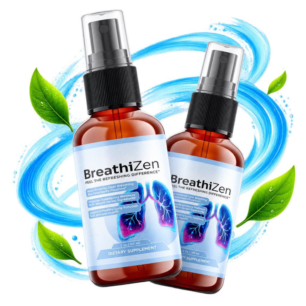 BreathiZen respiratory support spray with botanical leaves