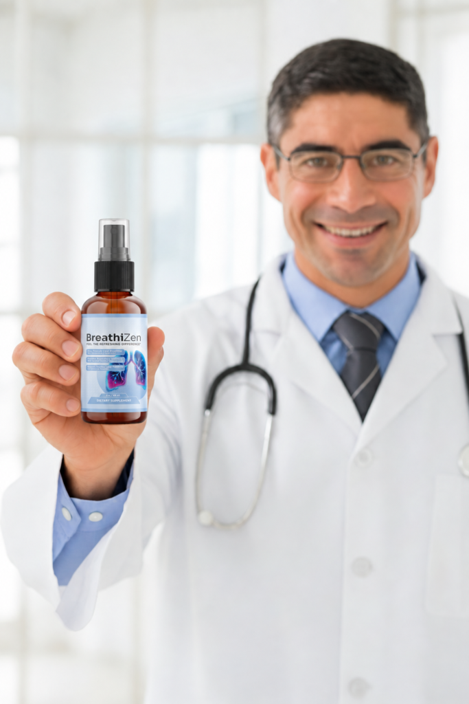 Healthcare professional holding a bottle of BreathiZen